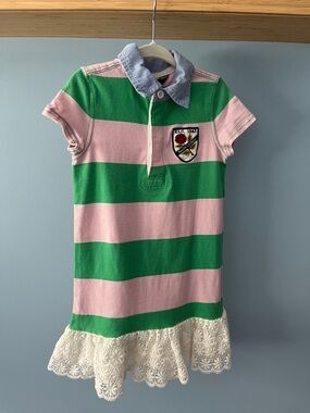 Polo by Ralph Lauren Green & Pink Striped Girls Polo Dress with Blue Collar